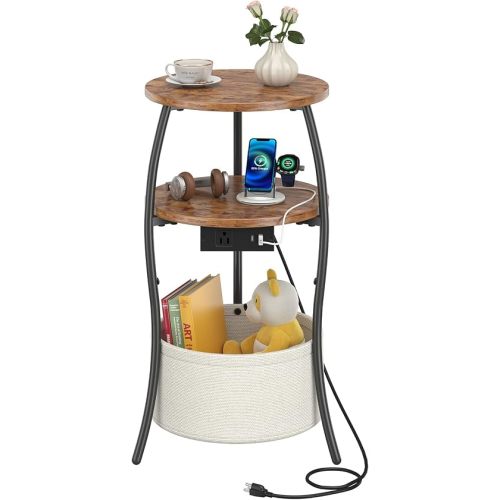sthemc 3-Tier Small Round End Table Livingroom with Charging Station,Basket