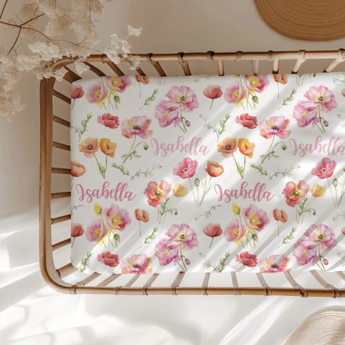 Wildflower Garden Floral Crib Sheet, Boho Wildflower Nursery, Personalized Crib Bedding For Baby Girl, Poppy Flowers, Baby Shower Gift Ideas