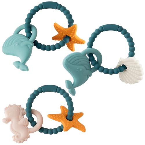 Silicone Teether Toys for Babies - 2ooya 3Pcs Summer Ocean Beach Themed Teething Ring, Baby Sensory Chew Toys with Rattles for Newborn Boy and Girl to Soothe Sore Gums, Baby Shower Birthday Gifts