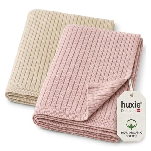 100% Organic Cotton Knit Receiving Baby Girl Blanket for Newborns - Soft, Breathable Swaddle Blanket for Crib & Stroller - Nursery Gift 2-Pack (Fog and Blush)