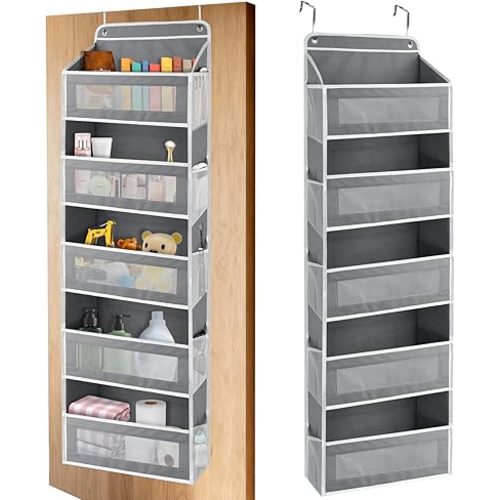 Over The Door Storage Organizer with 5 Extra Large Pockets & Side Mesh Pouches, Hanging Closet Door Organizer for Bedroom, Pantry, Nursery, Anti-Tilt Design, Fits 1.6" Doors-Dark Gray