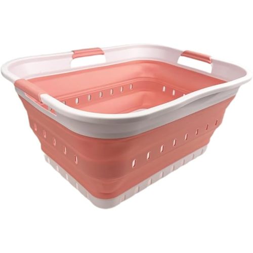 SAMMART 42L (11 gallon) Collapsible Plastic Laundry Basket - Foldable Pop Up Storage Container/Organizer - Space Saving Hamper/Basket (1, White/Quartz Pink)