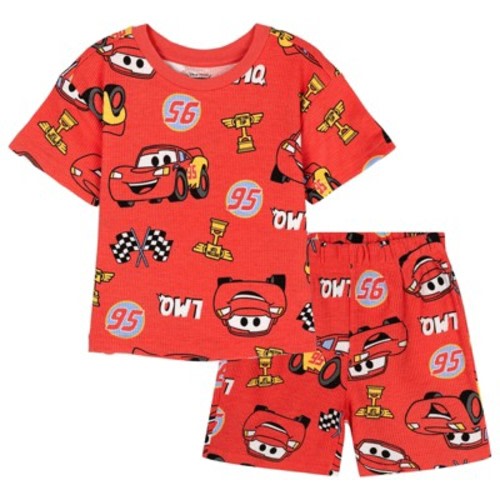 Disney Cars Baby Boys' 2-Piece Waffle Knit Short Sleeve Tee and Elastic Waist Shorts Outfit McQueen Cayenne Red 12 Months