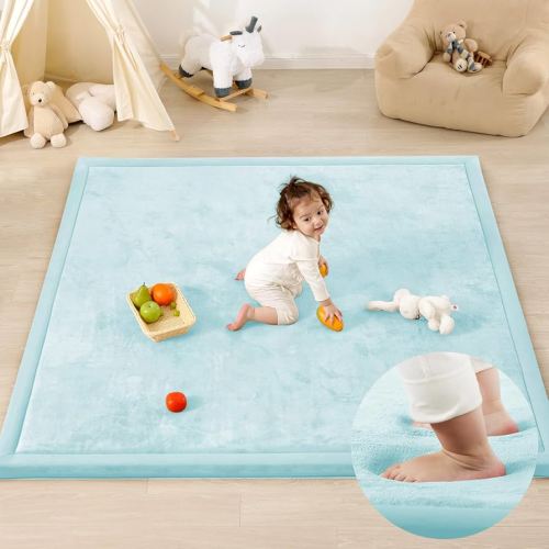 PaPaMat 1.3" Thick Baby Play Mat for Floor Playpen, 50x50 Foam Tummy Time Mat, Padded Support Soft Plush Nursery Rug for Infant Kids Toddler Crawling Kick Activity (Ice Blue)