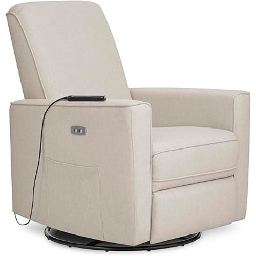 Evolur Harlow Deluxe Upholstered Plush Seating Glide Rocker, Swivel, Power Recliner USB Port with in-Built Massager, Greenguard Gold Certified, Glider Chair for Nursery in Light Sand