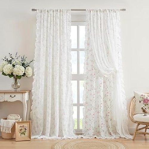 ZJDECOR 95 Inch Floral Ruffle Curtains for Girls Room,Pink Flower Green Leaf on White Not-See-Through Sheer Drapes Mix & Match Lace Sheer,Farmhouse Bedroom Living Room Window Treatment,Rod Pocket,Pink