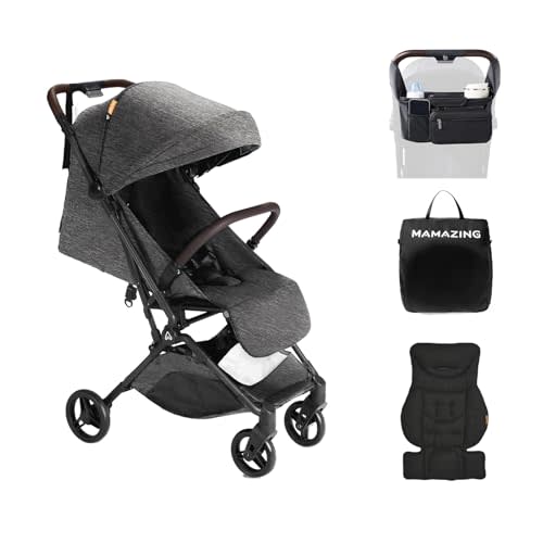 MAMAZING Ultra Air Lightweight Baby Travel Stroller with Carbon Fiber Frame, Compact & Airplane-Friendly, One-Handed Fold, 11.6 lbs, Perfect for Toddlers, Organizer & Cushion Included, Black