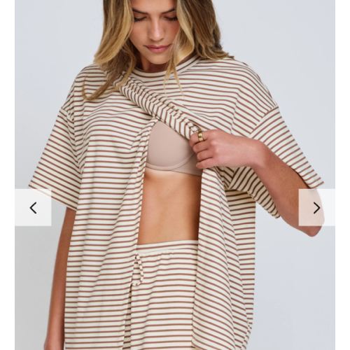 Nursing tee - Ivy Stripe Longline Wrap Tee - Cream / Tan – Apero Label