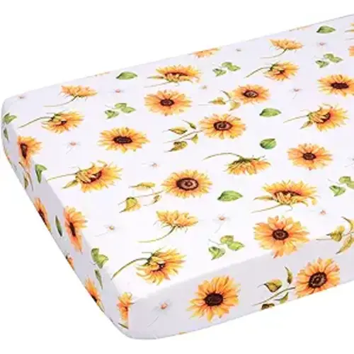 JISEN Baby Crib Sheet 1 Piece Portable Fitted Crib Sheet for Standard Crib and Toddler Mattresses Nursery Bed Decor for Boys Girls 28x52 Inch Sunflowers