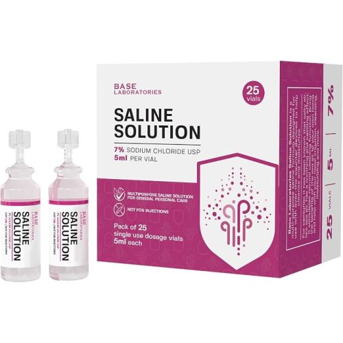 BASE LABORATORIES 7% Saline Solution Vials - Versatile 7% Sodium Chloride Saline Ampoules - Preservative Free Saline Solution Single use vials - USP Grade 25 Vials x 5ml Count