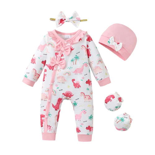 KIMI BEAR Newborn Baby Girl Romper Ruffle Long Sleeves Dinosaur Print One-piece Overalls Bodysuit Clothing with Hat Headband Gloves 4pcs Pink 3-6 Months