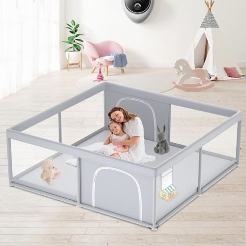 Baby Playpen, 79''x79'' Extra Large Playpen for Babies and Toddlers, Baby Fence Play Pen for Indoor & Outdoor, with Soft Breathable Mesh Grey