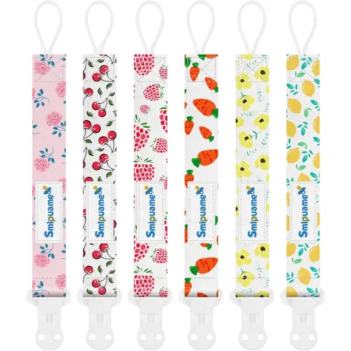 Smlpuame Pacifier Clip Girl,6 Pack Stylish Binky Clips Strap for Baby Girls,Paci Holder with Clip Lightweight Universal Fits Most Pacifiers Teether Toy Teething Ring Soothie,Baby Gift(Flower & Fruit)