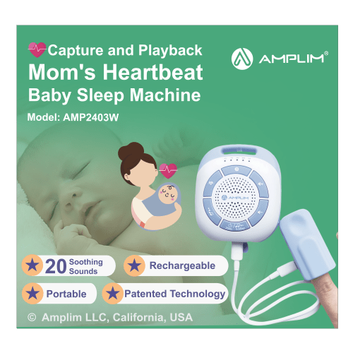 Amplim Baby Sound Soother with Mom’s Heartbeat Recording, White Noise Machine with 19 Calming Sounds, USB Rechargeable, Sleep for Infants, Cribs, Strollers, Travel
