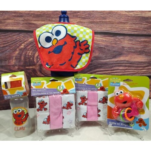 Sesame Street beginnings Elmo lot, bottle, rattle w/rings, Bib, 2 3pk washcloths