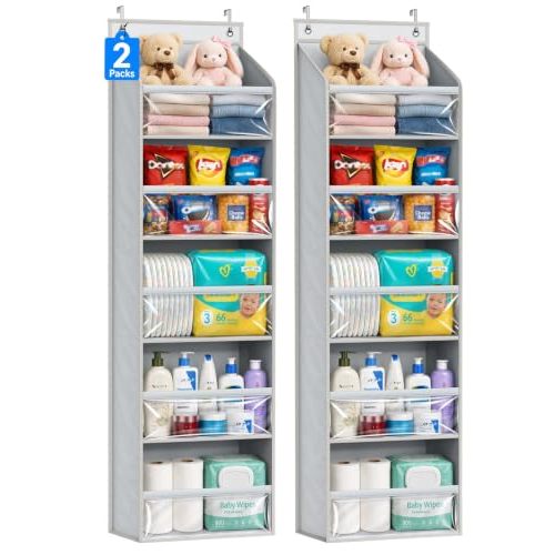 AOODA 2 Pack Over the Door Organizer, Large Capacity Closet Door Hanging Organizer, Clear Deep Pockets Baby Organizer Storage for Nursery, Bathroom, Bedroom, Pantry, Diapers (Grey)