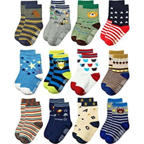 RATIVE Non Skid Anti Slip Crew Socks With Grips for Baby Infant Toddlers Kids Boys