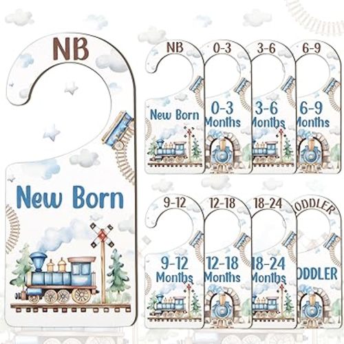 Baby Closet Dividers 8PCS, Retro Train Themed Wooden Double-Sided Clothes Size Hanger/Organizer from Newborn to Toddler for Nursery Decor Baby Shower Birthday Gender Reveal Party Gift