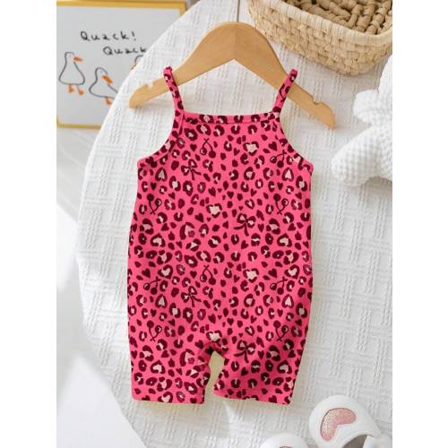 SHEIN Baby Girl Casual Retro Pink Bow Leopard Print Strap Romper, Suitable For Spring And Summer | SHEIN USA