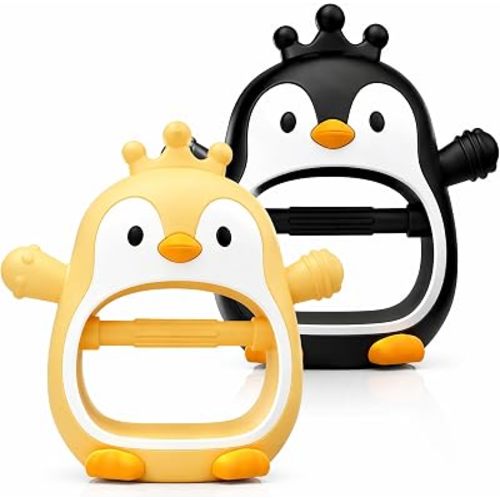SLUQQHDUBaby Teething Toys for 0-6 6-12 Months, Penguin Teethers for Babies,Hand Teether for Infant,Anti Dropping Wrist Hand Teethers Baby Chew Toys,BPA Free,New Born Essentials ﻿ (Black+Yellow)