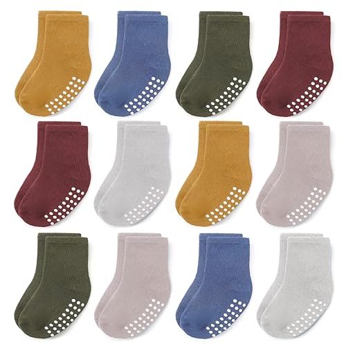 JAKIDAR 12 Pack Baby Toddler Socks Non Slip Grip Cotton Crew Socks for Boys Girls Infants Kids