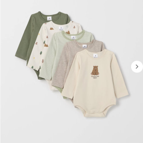 Baby Organic Cotton 5 Pack Print Bodysuit - Forest Bear | Target Australia