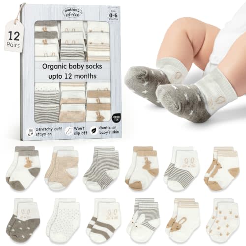 Organic Cotton Blend 12 Sock Shoes for Babies 0-6 M Gift Registry | Oeko-Tex Certified, Ankle Socks, 12 Pairs, Sock Shoes For Baby Girl, Newborn Baby Socks, Brown,Gray,White, Unisex Design,