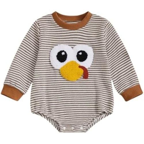 Karuedoo Newborn Baby Boy Girl Thanksgiving Outfit Embroidered Turkey Striped Long Sleeve Bubble Romper Waffle Knit Bodysuit