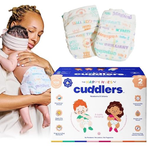 Happy Hues Cuddlers Disposable Diapers Size 2,12–18 lbs–Baby Diapers with Shea Butter, Wetness Indicator &Leak Protection–Ultra-Soft Unisex Newborn &Infant Diapers with Full Coverage,108 Count