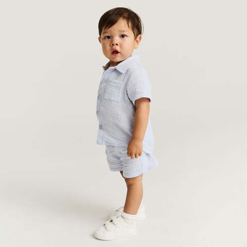Halogen Blue Cotton Crinkle Button Down Short Set