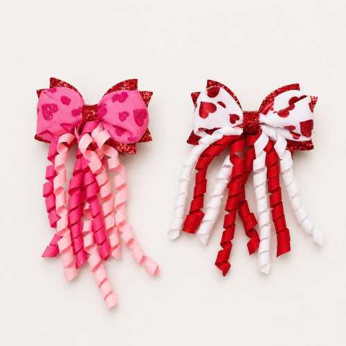Heart Bow Hair Clip with Curly Ribbon Tassels – Valentine's Day Girl's Clip