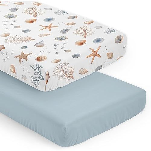 Sweet Jojo Designs 2-Piece Baby Crib Sheets Set (Ocean Seashells) for Boys or Girls, Infant Nursery, Toddler Room - Standard Size (Gender Neutral, Nautical, Beach Theme, Starfish, Watercolor, Coastal)