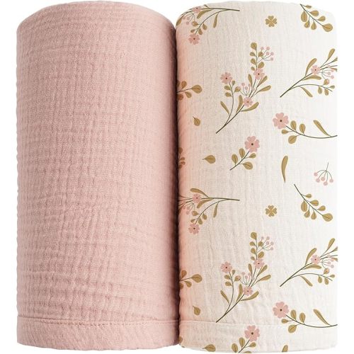 Konssy Muslin Swaddle Blankets for Boys Girls, 2 Pack Receiving Baby Blanket Large 47 x 47 inches, Soft Breathable Swaddling Wrap for Unisex Newborn (Pink, Floral) | 2 Pack, Large, 47 x 47 inches, Soft, Breathable, Pink, Floral