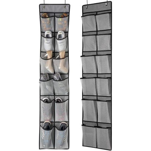 KEEPJOY Over The Door Shoe Organizer 2 Pack,Mesh Pockets Hanging Shoe Rack Over The Door,Shoe Storage Closet with 4 Hooks,Washable and Breathable Fabic,Large Size 57.5×12.6inch(Grey)