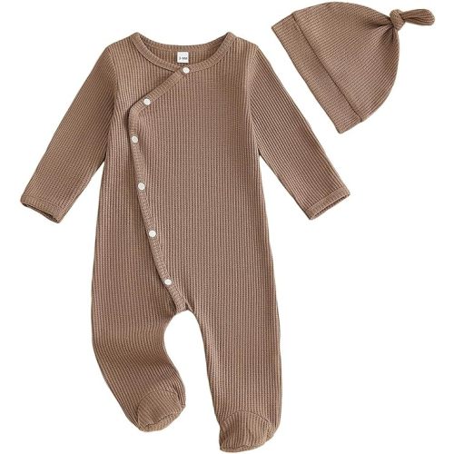 Kuriozud Newborn Baby Boy Going Home Outfit Kimono Romper Jumpsuit With Mitten Cuffs Beanie Hat Waffle Fall Winter Clothes (Waffle Brown, Newborn)