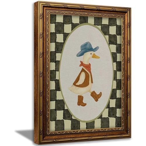 Vintage Gold Framed Wall Art Cowboy Silly Goose Nursery Painting Canvas Prints Baby Boy Western Duck Checkered Picture Wall Decor Rustic Farmhouse Poster Artwork for Living Room Bedroom Bathroom