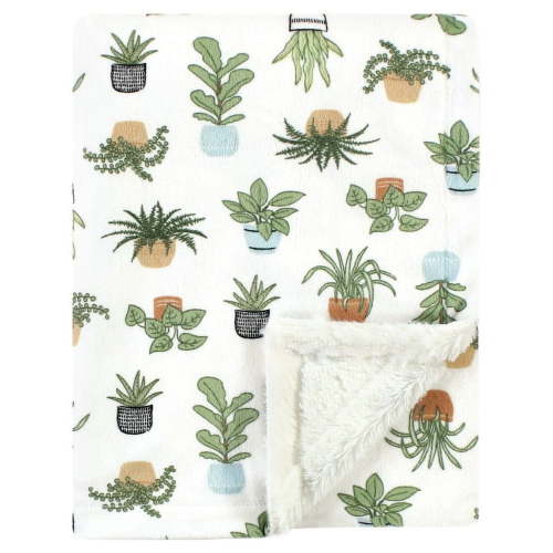 Hudson Baby Plush Blanket with Furry Binding and Back, Plants, One Size