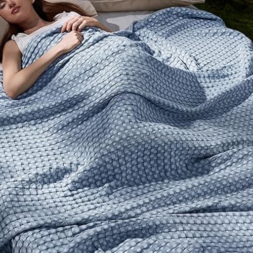 Bedsure Cooling Cotton Waffle Queen Size Blanket - Lightweight Breathable Summer Blanket of Rayon Derived from Bamboo for Hot Sleepers, Luxury Throws for Bed, Couch and Sofa, Dusty Blue, 90x90 Inches