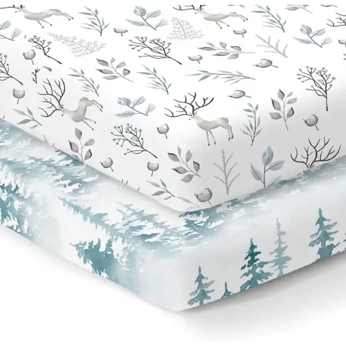 100% Organic Cotton Fitted Mattress Sheets Fit and are Compatible with Graco Pack n Play, Babyletto, Pamo Babe, Dream on Me, Portable/Mini Crib/Playards. 2 Pk, Deer and Forest