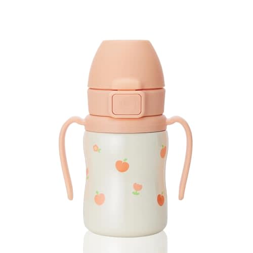 GROSMIMI Stainless Steel Baby Straw Cup, Spill-Proof, 12M+, 6oz (Peach) | Stage 2 | Flip-Top | Insulated Vacuum Sippy Cup | Babies & Toddlers | Rotating Handles | Silicone Straw | BPA-Free | 200ml