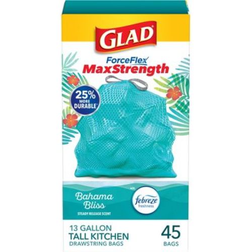 Glad ForceFlex MaxStrength Bahama Bliss Drawstring Trash Bags - Febreze Freshness - 13gal - 45ct