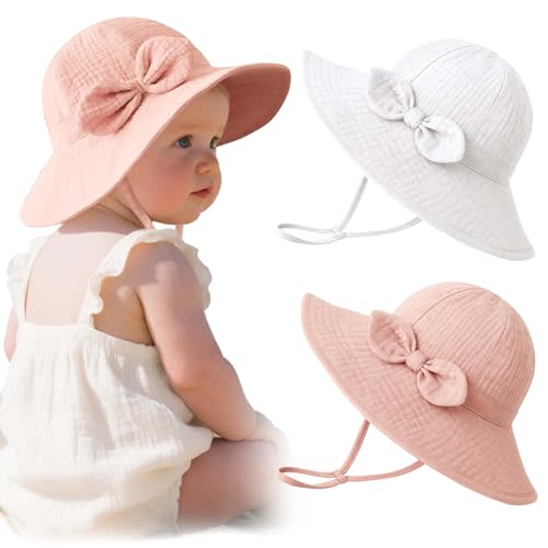 Konssy Muslin Baby Sun Hat 2-Pack, UPF 50+ Sun Protection Wide Brim Summer Beach Hat, Bucket Hat for Girls and Boys