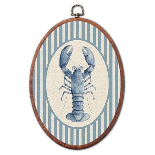 Vintage Lobster Nursery Oval Wall Art Framed, Sea Creatures Canvas Prints | blue striped canvas,unique retro boy or girl gift hanging wall decor for kids toddler room bedroom playroom, 8.6x11.4 inch