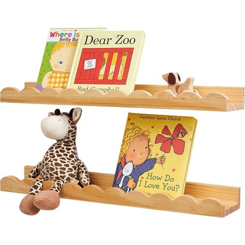 Nursery Book Shelves, Scalloped Floating Shelves Set of 2 Solid Pine Wood Wall Mounted Bookshelf with Wave Lip for Bedroom Kids, Toddler Room, Baby Room 24inch Natural