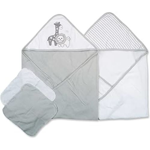 Spasilk Bath Hooded Towels & Washcloths Set for Babies, 2 Hooded Terry Bath Towels & 2 Washcloths, Grey Lion
