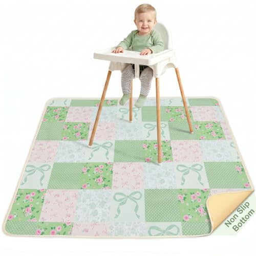 Basumee Splat Mat for Under High Chair, Waterproof & Mess-Proof Floor Mat | 46"×42" Baby Splash Mat, Non Slip Bottom, 4-Layer Fabric, Food & Liquid Catcher, Machine Wash for Boy Girl, Meals, BLW, Craft