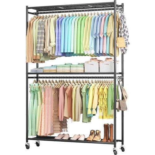 Sakugi Clothes Rack - 45.2" x 12.2" x 79.5" Clothing Rack with Shelves & Wheels, Multi-Functional Wardrobe Closet with Hooks, Sturdy Metal Garment Rack for Bedroom, Laundry, Balcony (Black)