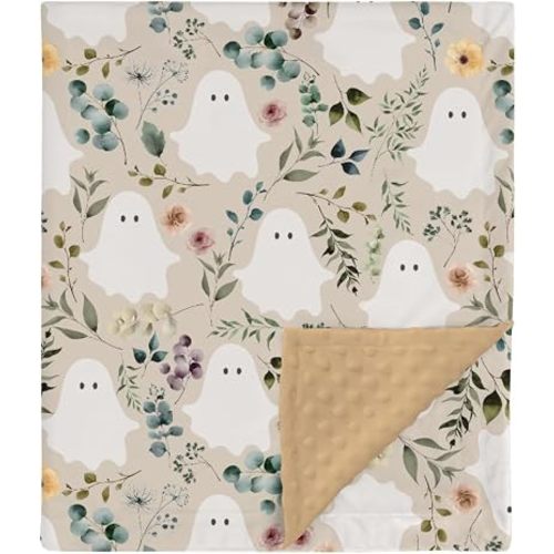 HawSkgFub Halloween Ghost Floral Mink Baby Blankets with Dotted Backing Girls Shower Gift, Boho Botanical Holiday Double Layer Nursery Swaddle, Soft Newborn Infant Toddler Bed Crib Bedding 30 x 40