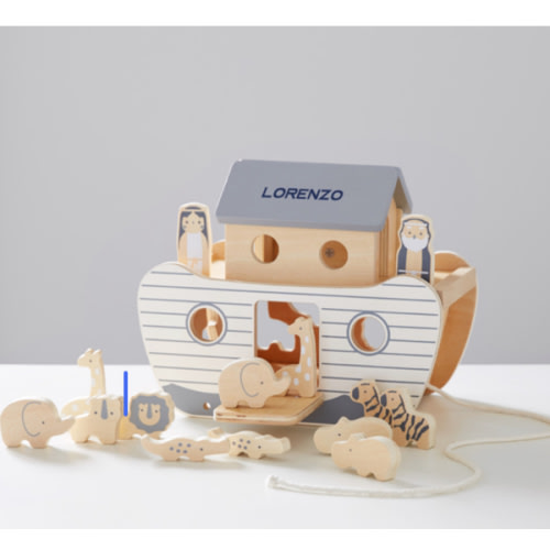 Noahs Ark Wooden Toy Set “Personalized”Personalization 
DESIGN: COPPERPLATE (STYLE 100)
TEXT: LORENZO, PN NAVY (HP) $65.00
