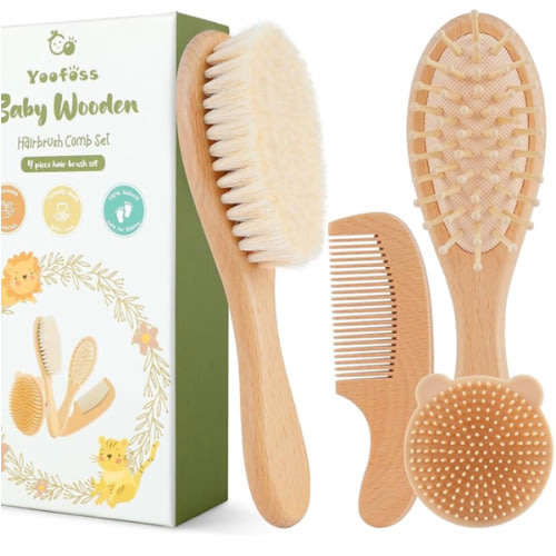Yoofoss 4 Piece Baby Brush and Comb Set, Wooden Baby Brush with Natural Ultra Soft Goat Hair, Baby Hair Brush for Newborn, Baby Brush Set for Boy Girl